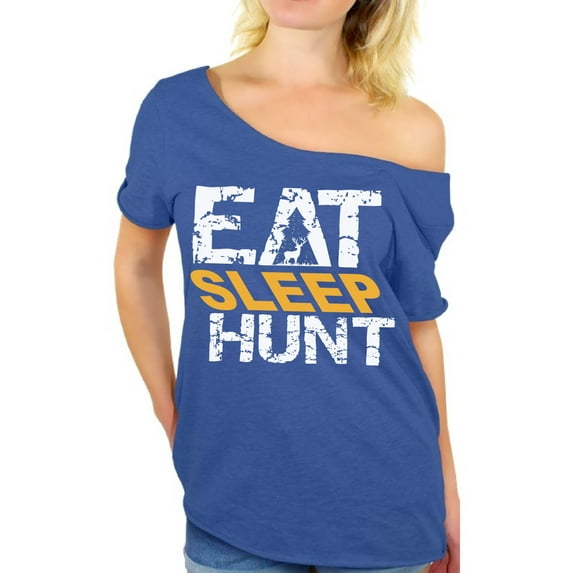 Awkward Styles Eat Sleep Hunt Off The Shoulder Shirt Hunter Off Shoulder Shirt for Mom I Love Hunting Oversize Shirt for Women Hunting Clothes Eat Sleep Hunt Off Shoulder Shirt fo Women