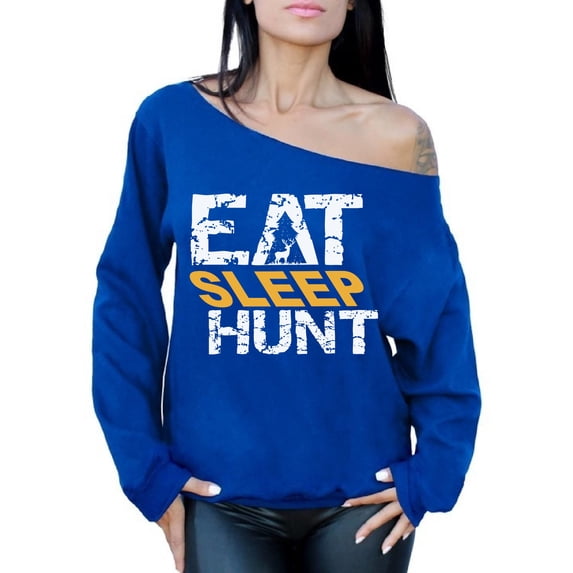 Awkward Styles Eat Sleep Hunt Off The Shoulder Sweatshirt Hunter Off Shoulder Sweater for Mom I Love Hunting Oversized Sweater for Women Hunting Clothes Eat Sleep Hunt Sweater Hunting Sweatshirt