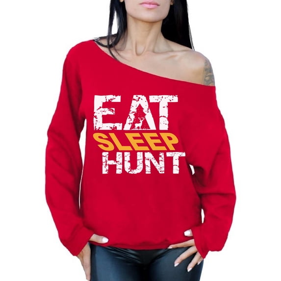 Awkward Styles Eat Sleep Hunt Off The Shoulder Sweatshirt Hunter Off Shoulder Sweater for Mom I Love Hunting Oversized Sweater for Women Hunting Clothes Eat Sleep Hunt Sweater Hunting Sweatshirt