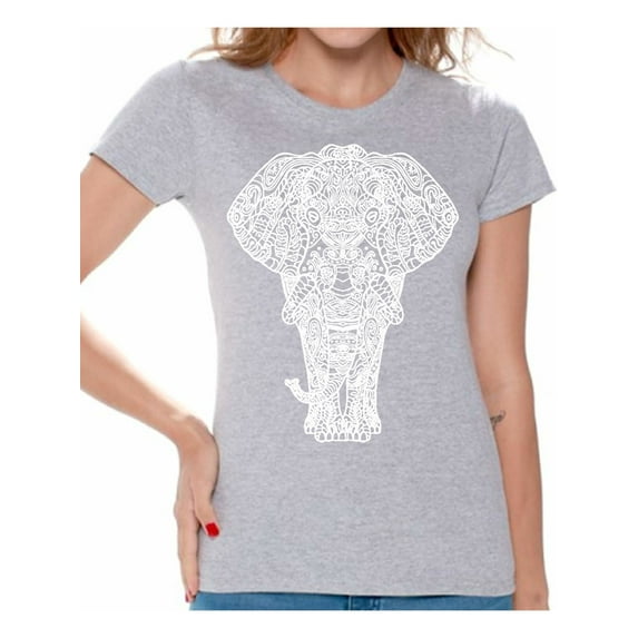 Awkward Styles Elephant T-Shirt for Women Patterned Shirts for Ladies Women Fashion Collection Tracery Tshirt for Mom Indian Pattern T-Shirt for Her Gifts for Wife Elephant Shirts Animal T-Shirt