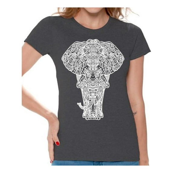 Awkward Styles Elephant T-Shirt for Women Patterned Shirts for Ladies Women Fashion Collection Tracery Tshirt for Mom Indian Pattern T-Shirt for Her Gifts for Wife Elephant Shirts Animal T-Shirt