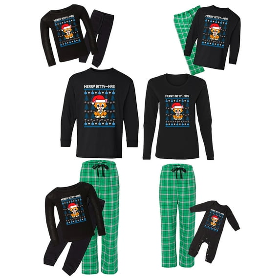 Awkward Styles Family Christmas Pajamas Set Green Merry Kittymas Matching Sleepwear