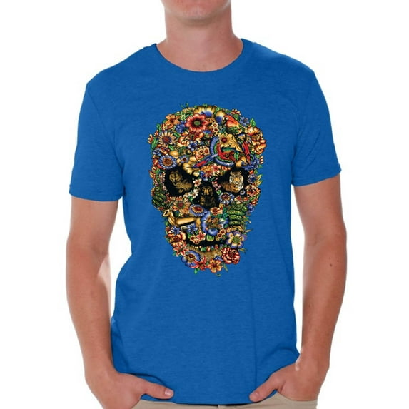 Awkward Styles Fauna Skull Tshirt for Men Floral Skull Shirt Sugar Skull Shirts for Men Dia de los Muertos Gifts for Him Day of the Dead T Shirt Sugar Skull Flowers T-Shirt for Men Skull Gifts