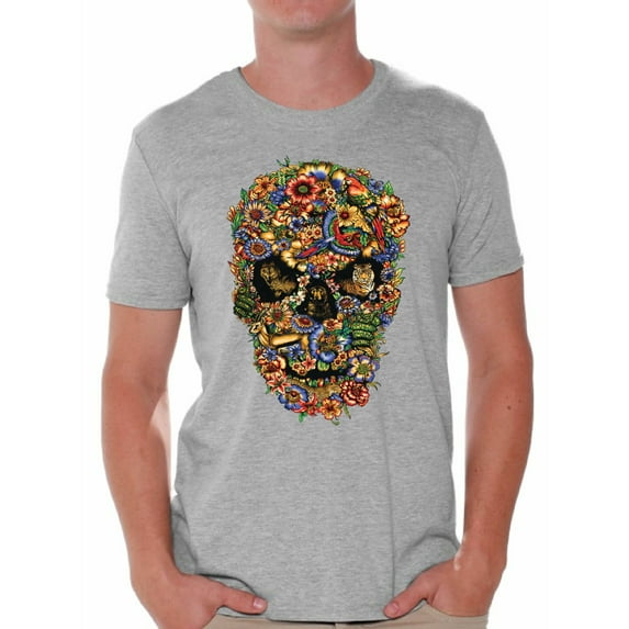 Awkward Styles Fauna Skull Tshirt for Men Floral Skull Shirt Sugar Skull Shirts for Men Dia de los Muertos Gifts for Him Day of the Dead T Shirt Sugar Skull Flowers T-Shirt for Men Skull Gifts