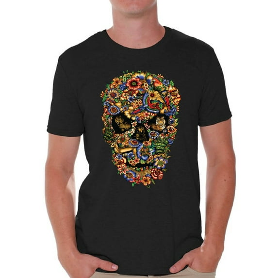 Awkward Styles Fauna Skull Tshirt for Men Floral Skull Shirt Sugar Skull Shirts for Men Dia de los Muertos Gifts for Him Day of the Dead T Shirt Sugar Skull Flowers T-Shirt for Men Skull Gifts