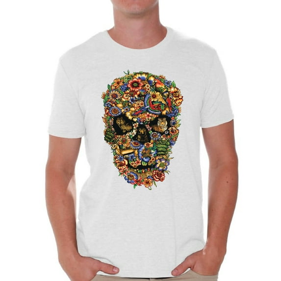 Awkward Styles Fauna Skull Tshirt for Men Floral Skull Shirt Sugar Skull Shirts for Men Dia de los Muertos Gifts for Him Day of the Dead T Shirt Sugar Skull Flowers T-Shirt for Men Skull Gifts