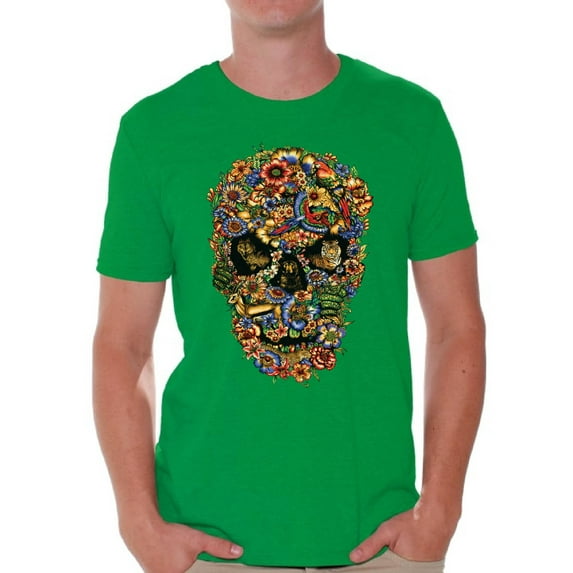 Awkward Styles Fauna Skull Tshirt for Men Floral Skull Shirt Sugar Skull Shirts for Men Dia de los Muertos Gifts for Him Day of the Dead T Shirt Sugar Skull Flowers T-Shirt for Men Skull Gifts