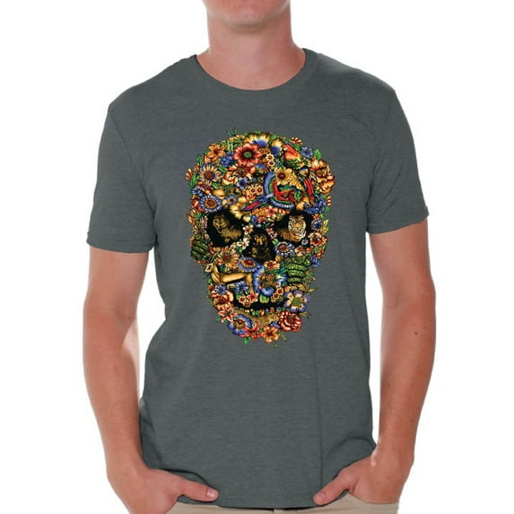 Awkward Styles Fauna Skull Tshirt for Men Floral Skull Shirt Sugar Skull Shirts for Men Dia de los Muertos Gifts for Him Day of the Dead T Shirt Sugar Skull Flowers T-Shirt for Men Skull Gifts