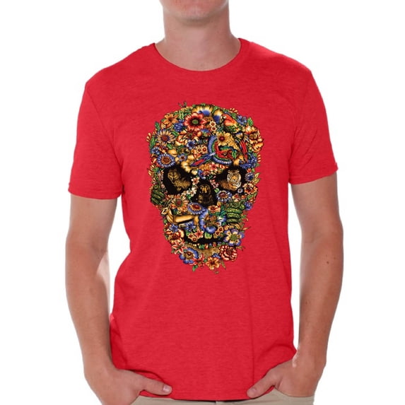 Awkward Styles Fauna Skull Tshirt for Men Floral Skull Shirt Sugar Skull Shirts for Men Dia de los Muertos Gifts for Him Day of the Dead T Shirt Sugar Skull Flowers T-Shirt for Men Skull Gifts