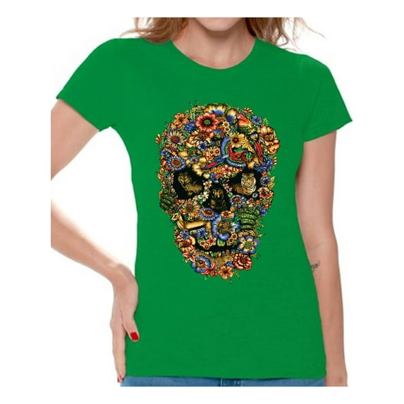 Awkward Styles Fauna Skull Tshirt for Women Floral Skull Shirt Sugar Skull Shirts for Women Dia de los Muertos Gifts for Her Day of the Dead T Shirt Sugar Skull Flowers T-Shirt for Women Skull Gifts