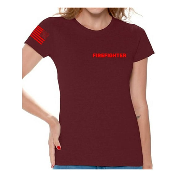 Awkward Styles Firefighter Tshirt for Women Fireman Shirt Firefighter Shirt with Usa Flag Sleeve Firefighter Gifts for Her American Flag Sleeve Firefighter T Shirt Patriots Women's EMT Fireman T Shirt