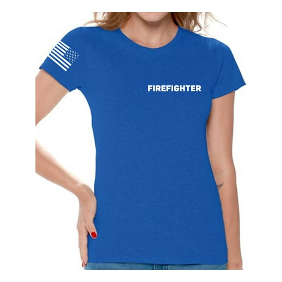 Awkward Styles Firefighter Tshirt for Women Fireman Shirt Firefighter Shirt with Usa Flag Sleeve Firefighter Gifts for Her American Flag Sleeve Firefighter T Shirt Patriots Women's EMT Fireman T Shirt