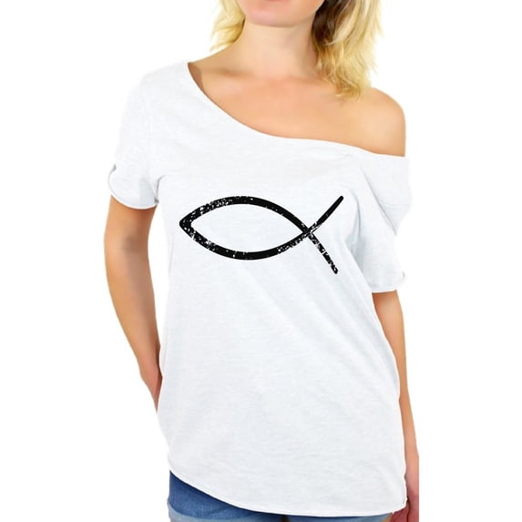 Awkward Styles Fish Off The Shoulder Tshirt for Women Christian Gifts for Wife Team Jesus Ladies Off Shoulder Shirt Jesus Clothing for Women Jesus T Shirt for Her Christian Clothes Womens Shirt