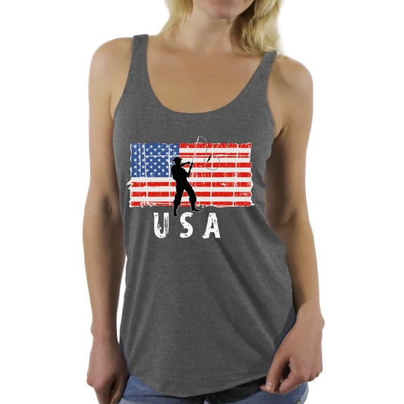 Awkward Styles Fishing USA Women Racerback Tank Top 4th of July Party Patriotic Shirt for Women I'm American Pro America Women Racerback Tank Top 4th of July Gifts American Flag Tank for Women