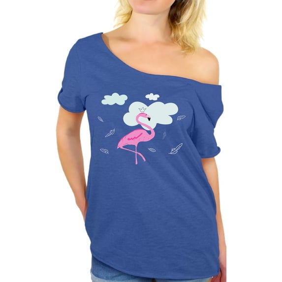 Awkward Styles Flamingo in Clouds Off The Shoulder Tshirt for Women Summer Gifts for Her Pink Flamingo Ladies Off Shoulder Shirt Pink Flamingo Clothing for Women Flamingo T Shirt for Her Summer Shirt