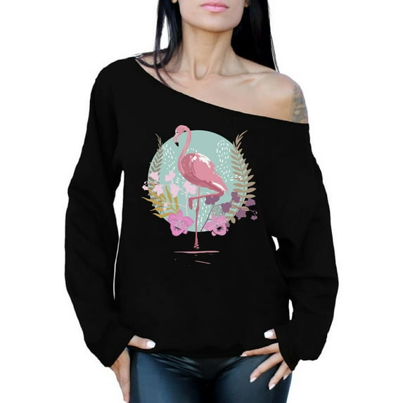 Awkward Styles Flamingo and Orchids Ladies Off Shoulder Sweater Summer Clothing for Women Pink Flamingo Oversized Sweatshirt for Mom Funny Summer Clothes Flamingo Off The Shoulder Sweatshirt for Women
