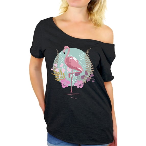 Awkward Styles Flamingo and Orchids Off The Shoulder Tshirt for Women Summer Gifts for Her Pink Flamingo Ladies Off Shoulder Shirt Pink Flamingo Clothes for Women Flamingo T Shirt for Her Summer Shirt