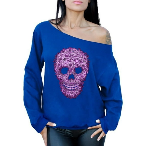 Awkward Styles Flower Skull Off Shoulder Sweatshirt Floral Skull Sweater Sugar Skull Flowers Sweatshirt Sugar Skull Oversized Sweater for Women Dia de los Muertos Gifts Day of the Dead Sweater