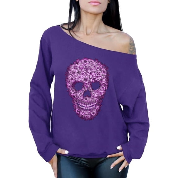 Awkward Styles Flower Skull Off Shoulder Sweatshirt Floral Skull Sweater Sugar Skull Flowers Sweatshirt Sugar Skull Oversized Sweater for Women Dia de los Muertos Gifts Day of the Dead Sweater