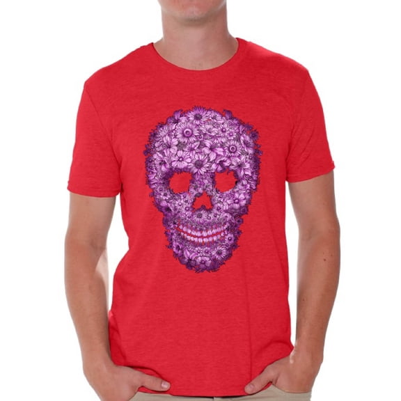 Awkward Styles Flower Skull Tshirt for Men Floral Sugar Skull Shirt Sugar Skull Shirt Day of the Dead T Shirt for Men Dia de los Muertos Gifts for Him Halloween Outfit Sugar Skull Flowers T-Shirt