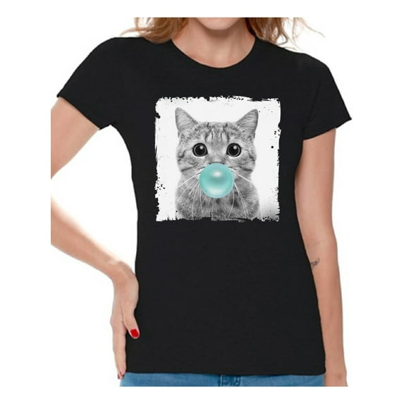 Awkward Styles Funny Animal Clothes Shirt for Woman Lovely Animal Lovers Gifts for Her Cat Clothing Cat T Shirt Cute Animal T Shirt Baby Cat Shirt Women T Shirt Little Cat Blowing Gum T Shirt