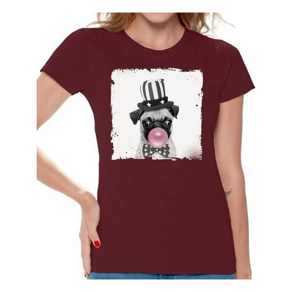 Awkward Styles Funny Little Pug Blowing Gum T Shirt Animal Clothes T-Shirt for Woman Funny Animal Lovers Gifts for Her Puppy Pug Clothing Pug T Shirt Cute Animal T Shirt Pug Shirt Women T Shirt
