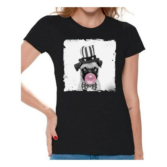 Awkward Styles Funny Little Pug Blowing Gum T Shirt Animal Clothes T-Shirt for Woman Funny Animal Lovers Gifts for Her Puppy Pug Clothing Pug T Shirt Cute Animal T Shirt Pug Shirt Women T Shirt