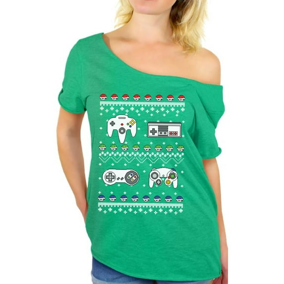 Awkward Styles Gamer Christmas Off The Shoulder Shirt Retro Gamer Oversized Shirts for Women Christmas T Shirt Geeky Xmas Baggy Tshirt Nerdy Christmas Gifts for Her Christmas Gaming Women's Shirt