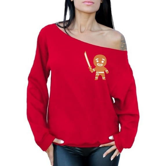 Awkward Styles Gingerbread Man Ninja Pocket Christmas Sweatshirt Off The Shoulder Gingerbread Christmas Sweater for Women Xmas Off Shoulder Sweater Funny Holiday Gifts for Her Xmas Sweater