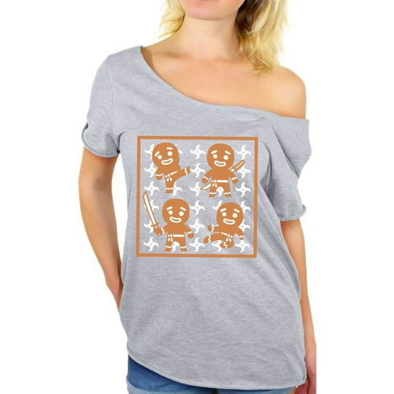 Awkward Styles Gingerbread Ninja Off The Shoulder Shirt for Women Ginja Xmas Oversized Shirt Christmas T Shirt Funny Gingerbread Gifts for Christmas Xmas Party Outfit Xmas Ginja Baggy Tshirt