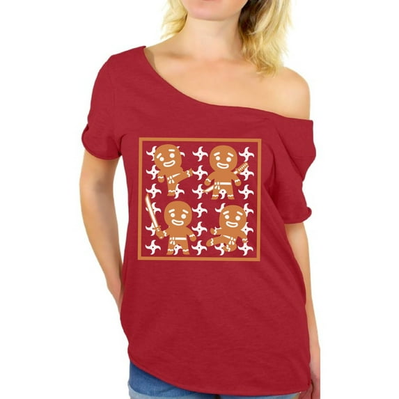 Awkward Styles Gingerbread Ninja Off The Shoulder Shirt for Women Ginja Xmas Oversized Shirt Christmas T Shirt Funny Gingerbread Gifts for Christmas Xmas Party Outfit Xmas Ginja Baggy Tshirt