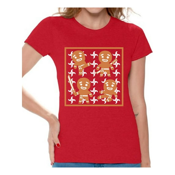 Awkward Styles Gingerbread Ninja Tshirt for Women Ginja Christmas T-Shirt Funny Christmas Shirts for Women Ginja Christmas T Shirt Xmas Party Gifts for Her Gingerbread Xmas Shirt Xmas Party