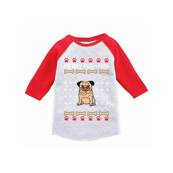 Awkward Styles Girls Boys Christmas T-Shirt Merry Pugmas Dog Pattern Toddler Raglan Shirt