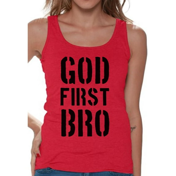 Awkward Styles God First Bro Tank Top for Women Christian Clothes for Ladies Jesus Womens T-Shirt Christian Gifts Jesus Tank Top Jesus Clothing Jesus T Shirt for Her God First Bro Ladies Shirt
