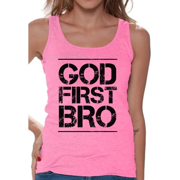 Awkward Styles God First Bro Tank Tops for Women Christian Clothes for Ladies Jesus Womens T-Shirt Christian Gifts Jesus Tank Top Jesus Clothing Jesus T Shirt for Her God First Bro Ladies Shirt