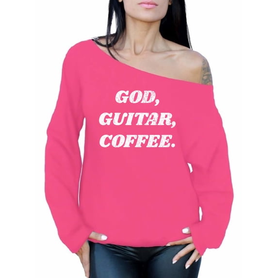 Awkward Styles God Guitar Coffee Ladies Off The Shoulder Sweater Religious Clothing for Women Guitar Coffee Oversized Sweatshirt for Mom Christian Clothes Guitar Off The Shoulder Sweatshirt for Women
