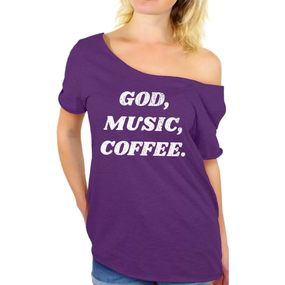 Awkward Styles God Music Coffee Off The Shoulder Tshirt for Women Christian Gifts for Wife Jesus Ladies Off Shoulder Shirt Music Clothing God Music Coffee Shirt for Her Christian Women Clothes