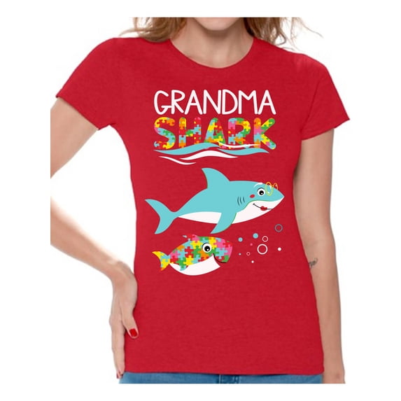 Awkward Styles Grandma Shark Shirt for Women Autism Puzzle Tee Matching Family Outfit Autism Awareness T-Shirt for Her Shark Family Shirts