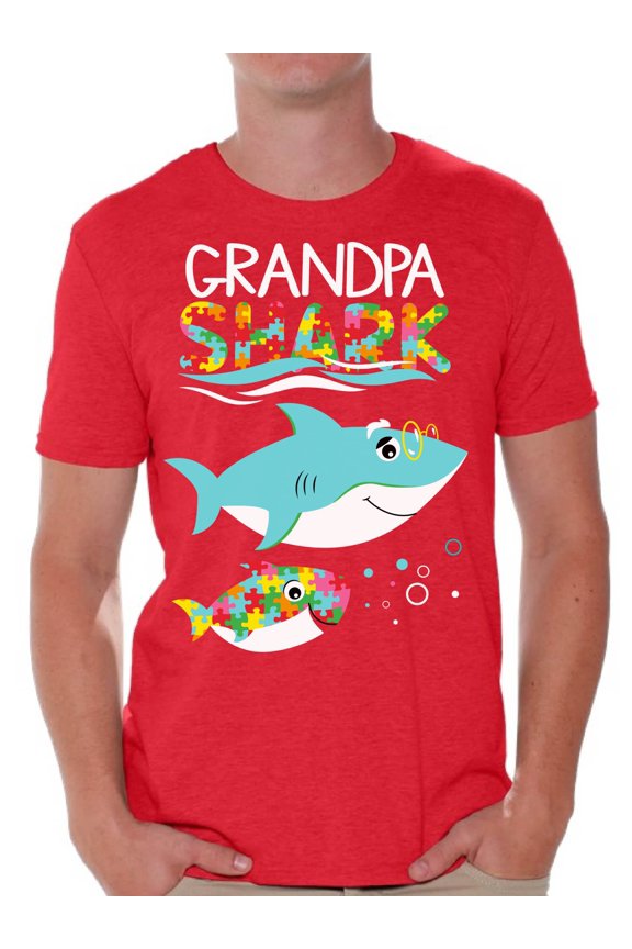 Grandpa Shark Shirt for Men Autism Power Tee Matching Family Outfit Autism Awareness T-Shirt for Him Shark Family Shirts