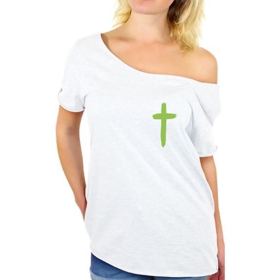 Awkward Styles Green Cross Off The Shoulder Shirt for Women Christian Cross Gifts for Wife Jesus Ladies Off Shoulder Shirt Jesus Clothing for Women Cross Shirt for Her Christian Cross Women Clothes