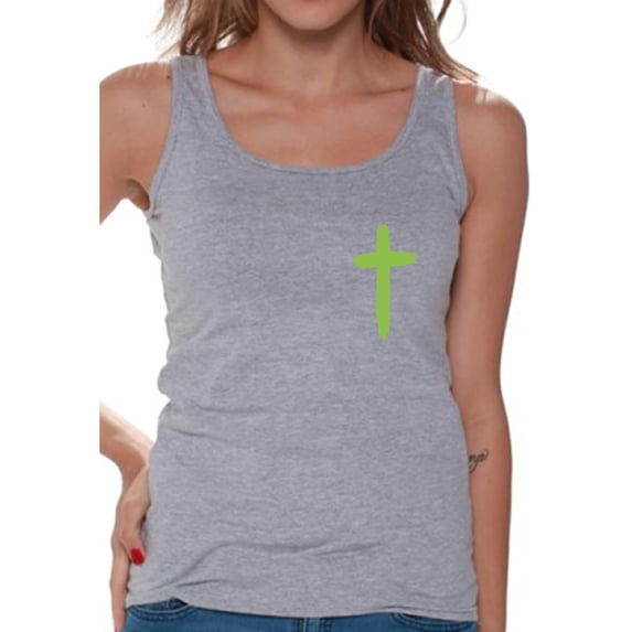 Awkward Styles Green Cross Tank Tops for Women Christian Clothes for Ladies Following Jesus Womens T-Shirt Christian Gifts Jesus Tank Top Jesus Clothing Jesus T Shirt for Her Cross Ladies Shirt