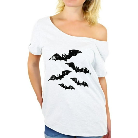 Awkward Styles Halloween Bats Off Shoulder Shirt Halloween Oversized Tshirt Spooky Bats Baggy Shirt Dia de los Muertos Women's Off The Shoulder Top Trick or Treat Dolman Top Day of the Dead Party
