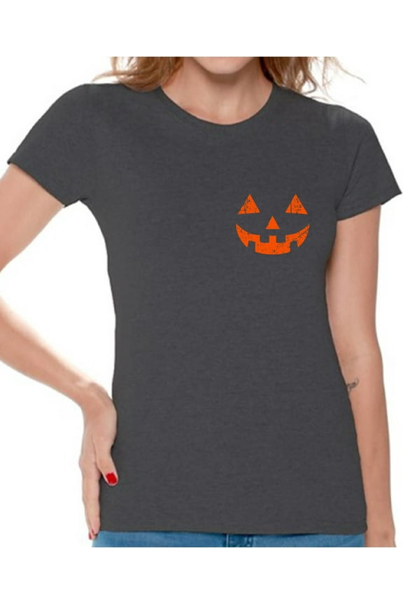 Halloween Jack O'Lantern Pumpkin Shirt for Women Pumpkin Face T-Shirt Silly Halloween Tee for Women Cute and Easy Halloween Costume Shirt for Ladies