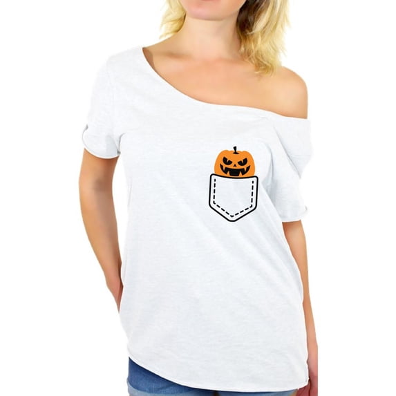 Awkward Styles Halloween Pumpkin Pocket Off The Shoulder Shirt Halloween Oversized Shirts for Women Halloween Off The Shoulder Top Jack-O'-Lantern Pumpkin Patch Tshirt Halloween Costume T Shirt