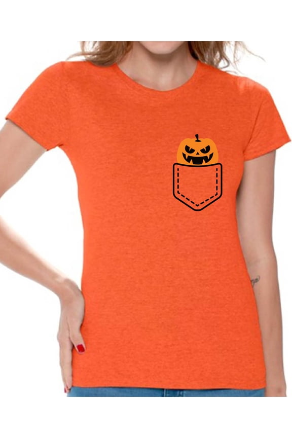 Halloween Pumpkin Pocket Tshirt Halloween Shirt for Women Jack-O'-Lantern Pumpkin Pocket Shirt Pumpkin Patch Women's Tshirt Halloween Costume T Shirt Spooky Gifts Pumpkin Face Shirt