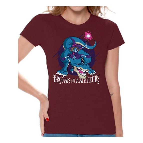 Awkward Styles Halloween T-Shirt Witch on Dinosaur Shirts for Women