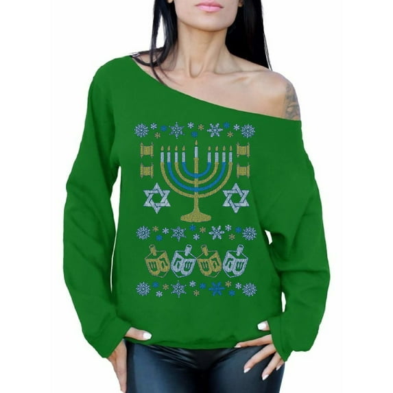 Awkward Styles Hanukkah Menorah Off Shoulder Sweatshirt for Hanukkah Women's Jewish Sweater Funny Holiday Gifts for Her Jewish Oversized Sweater Jew Sweatshirt Happy Hanukkah Holiday Jewish Women