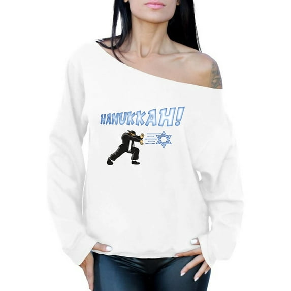 Awkward Styles Hanukkah Off The Shoulder Sweatshirt Happy Hanukkah Oversized Sweater for Women Hannukah Holiday Gifts for Her Chanukah Menorah Baggy Sweatshirt Jewish Holiday Sweater Jewish Gifts