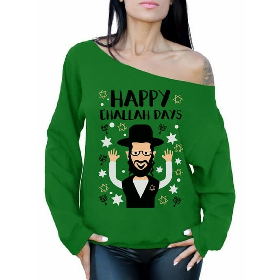 Awkward Styles Happy Challah Days Off Shoulder Sweatshirt Women's Hanukkah Oversized Sweater Funny Chanukah Gifts for Her David's Star Baggy Sweatshirt Jewish Holiday Gifts Jewish Women's Sweater