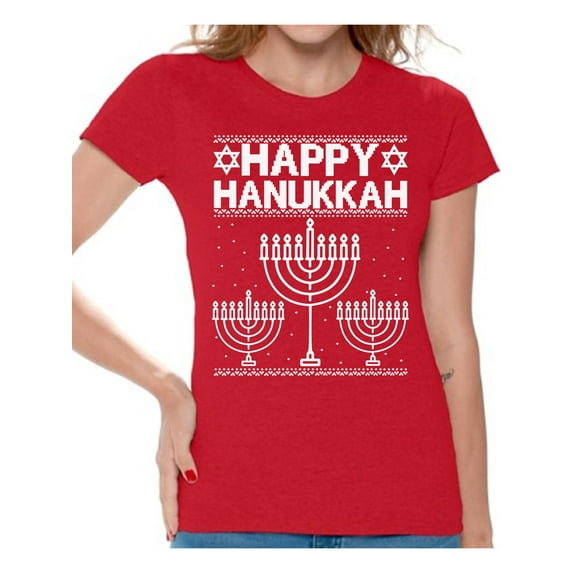 Awkward Styles Happy Hanukkah Christmas Shirts for Women Jewish Menorah Xmas T-shirt Women's Holiday Top Christmas Shirt Funny Tacky Party Xmas Holiday Happy Hanukkah Women's Christmas Shirt
